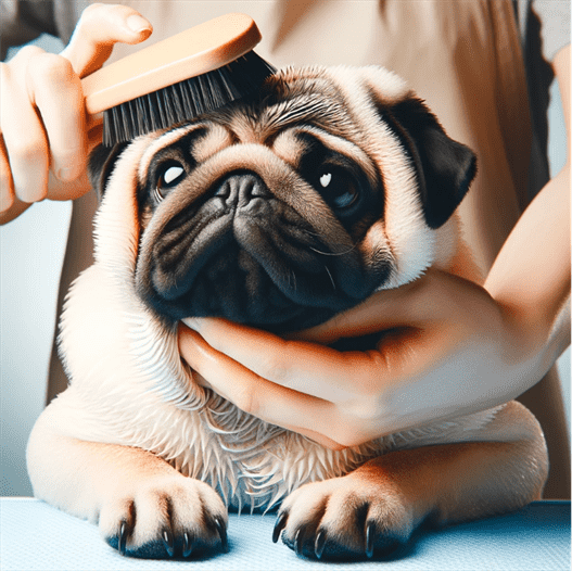pug having hair brushed