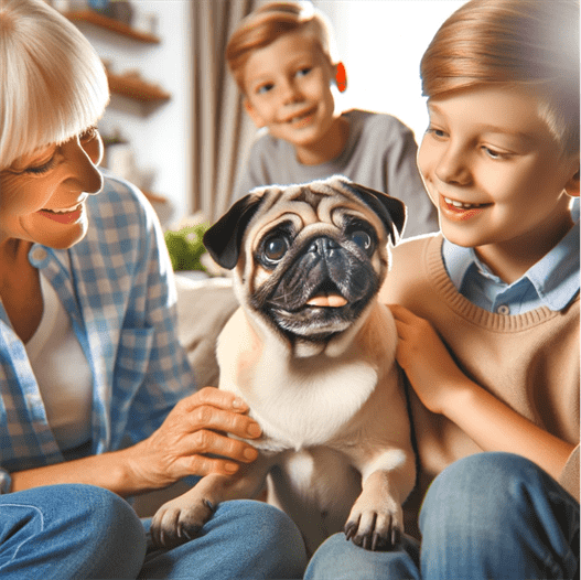 pug relaxing with family