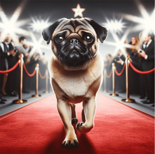pug walking on red carpet 