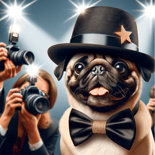 celebrity pug being photographed