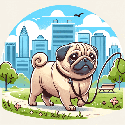 Cartoon pug walking through park in city