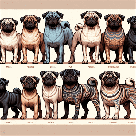 various pug breeds and colours