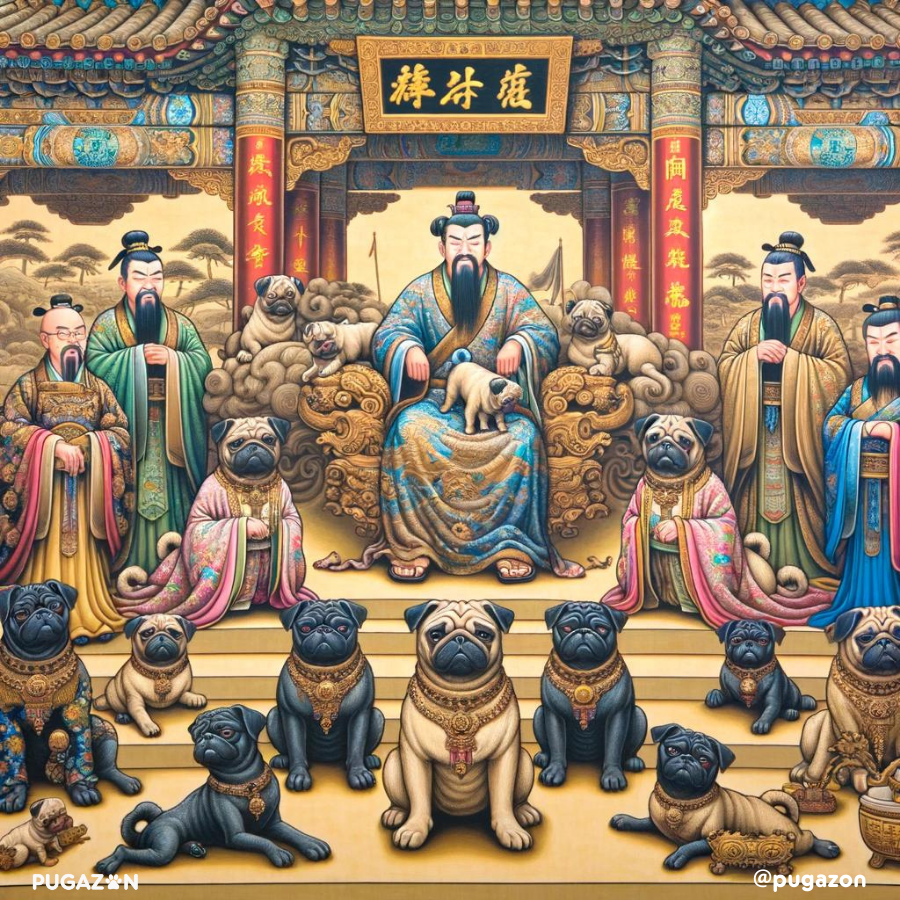 pugs in the courtyard with emperors in ancient china