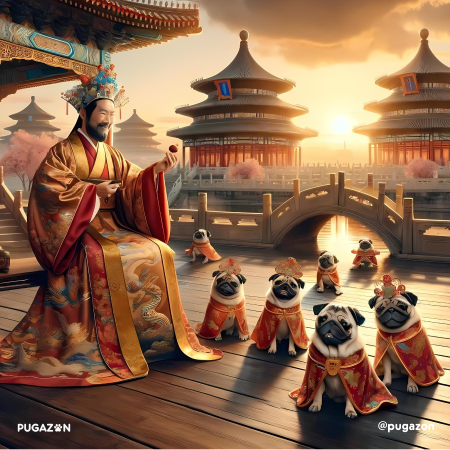 pugs playing with an emperor in ancient china