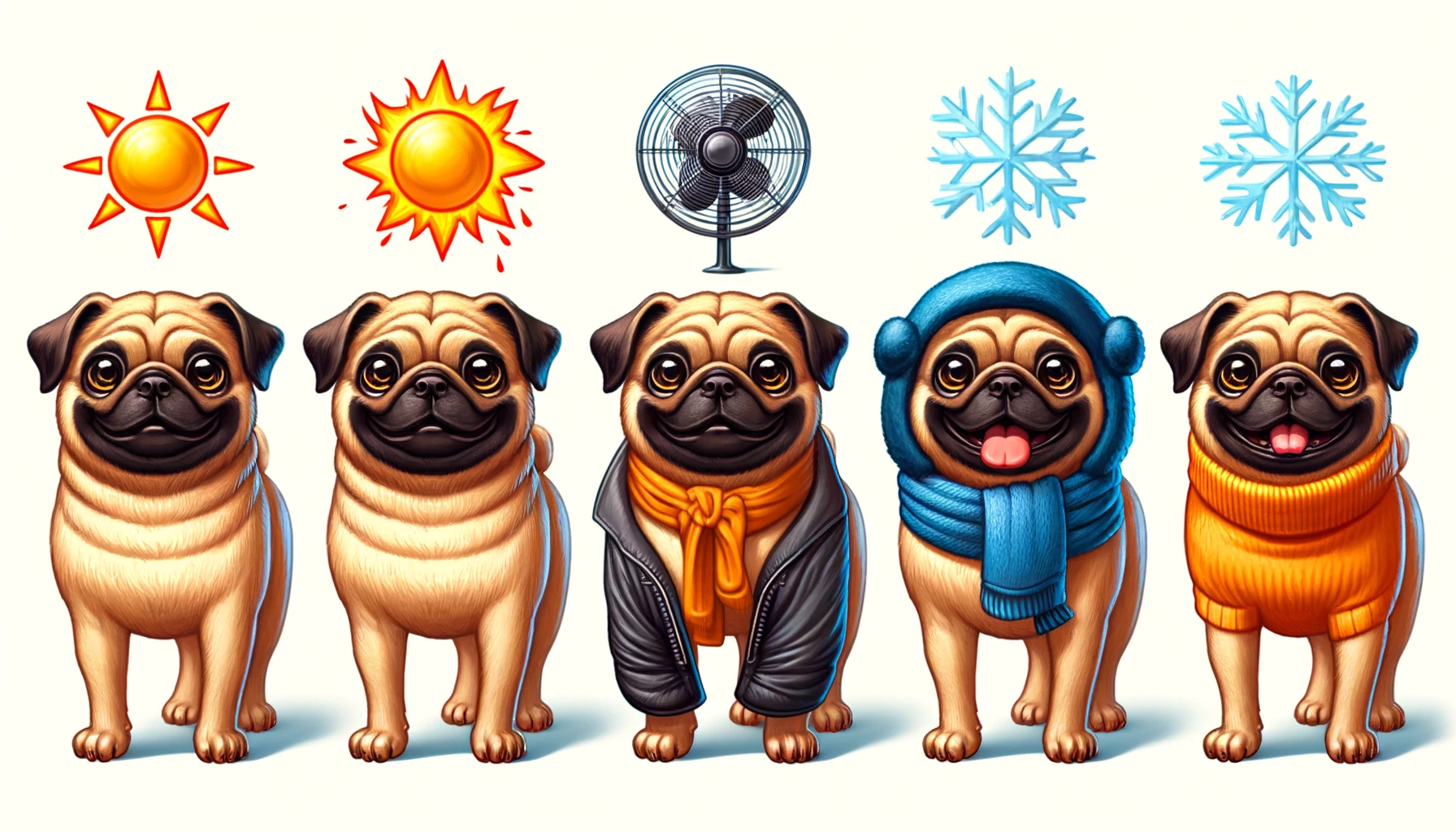 pugs in different weather climates