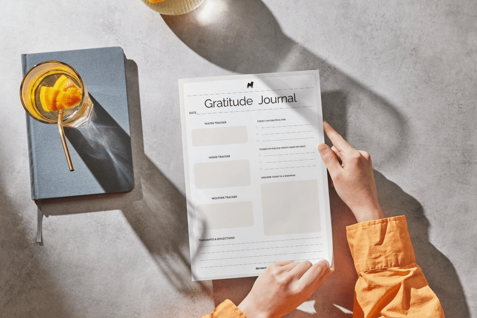 PUG THEMED PRINTABLE GRATITUDE JOURNAL PLANNER AND TRACKER PDF TEMPLATE