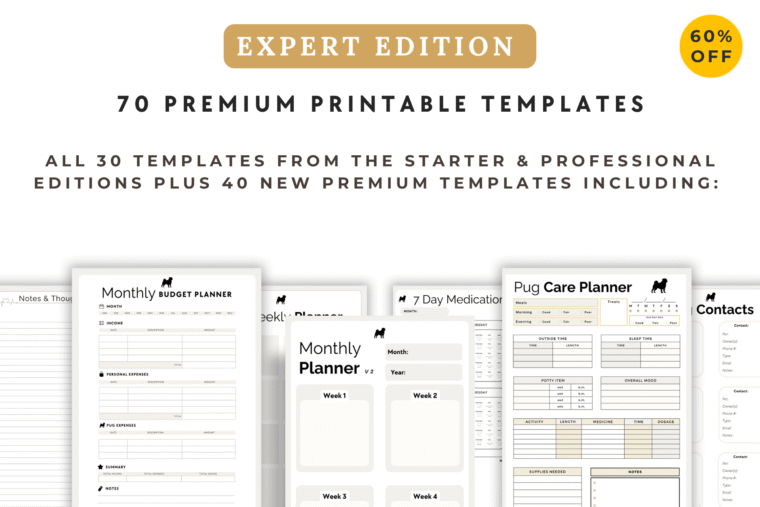 PUG THERMED PRINTABLE PDF PLANNER AND TRACKER TEMPLATES MOKCUP