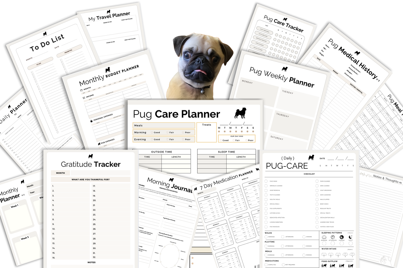 PUG THEMED PRINTABLE PLANNER AND TRACKER PDF TEMPLATES MOCKUP