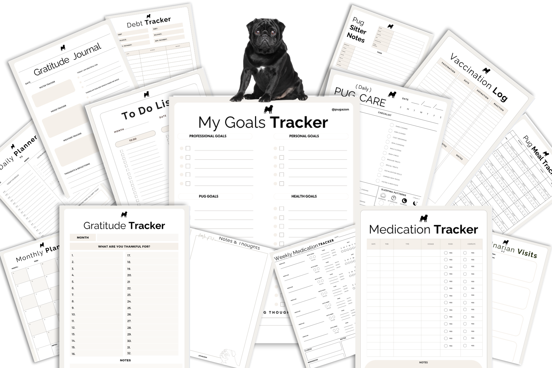 ME AND PUG PACK PROFESSIONAL EDITION MOCKUPS FOR THE PUG DESIGN PRINTABLE PLANNERS AND TRACKERS