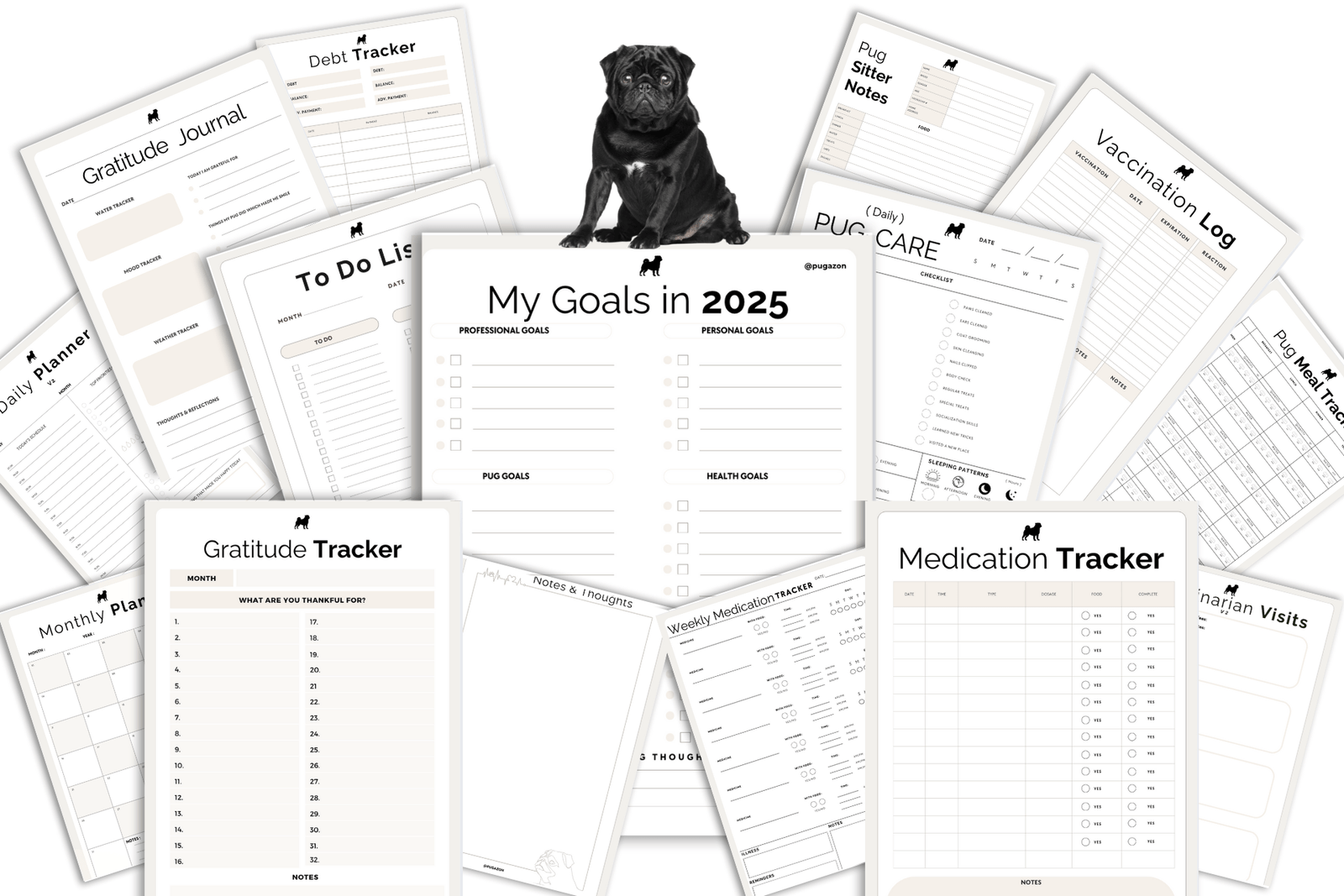 ME AND PUG PACK PROFESSIONAL EDITION MOCKUPS FOR THE PUG DESIGN PRINTABLE PLANNERS AND TRACKERS