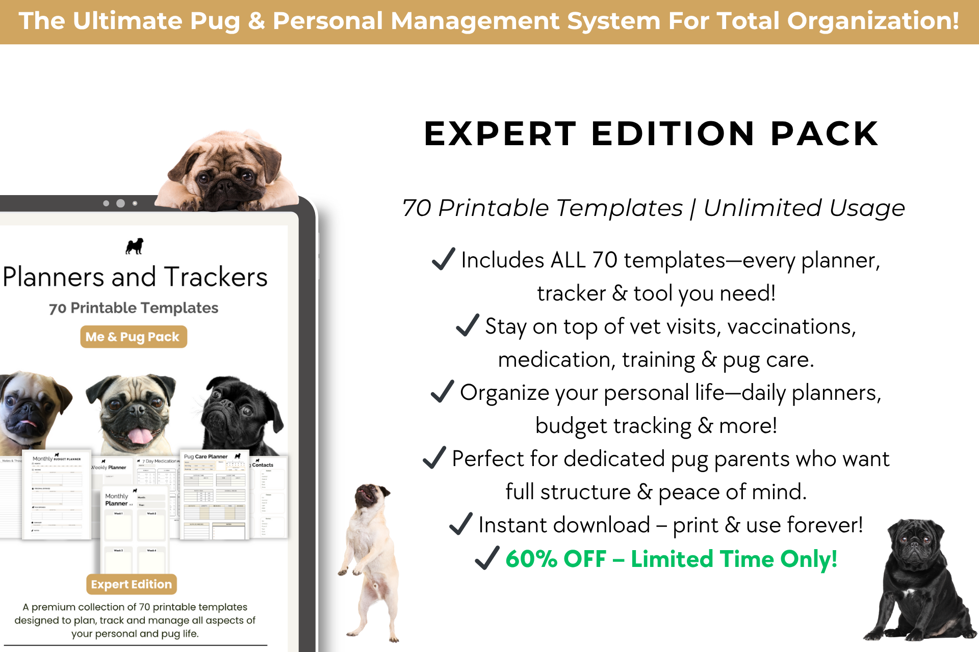 WHAT'S INCLUDED IN THE EXPERT EDITION PUG THEMED PRINTABLE PLANNER AND TRACKER PEMPLATES