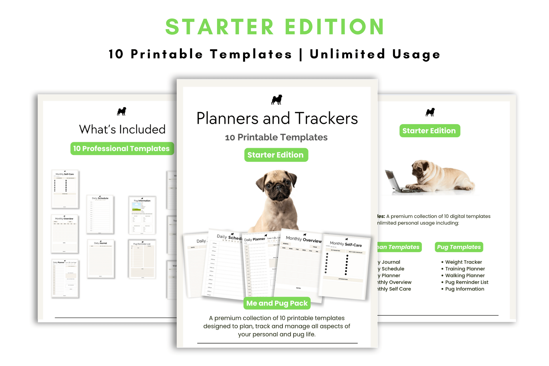 STARTER EDITION PRINTABLE PUG TEMPLATES AND PLANNERS