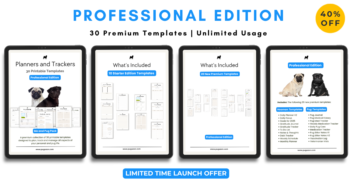 Collection of Printable Digital Planners for Pug Lovers