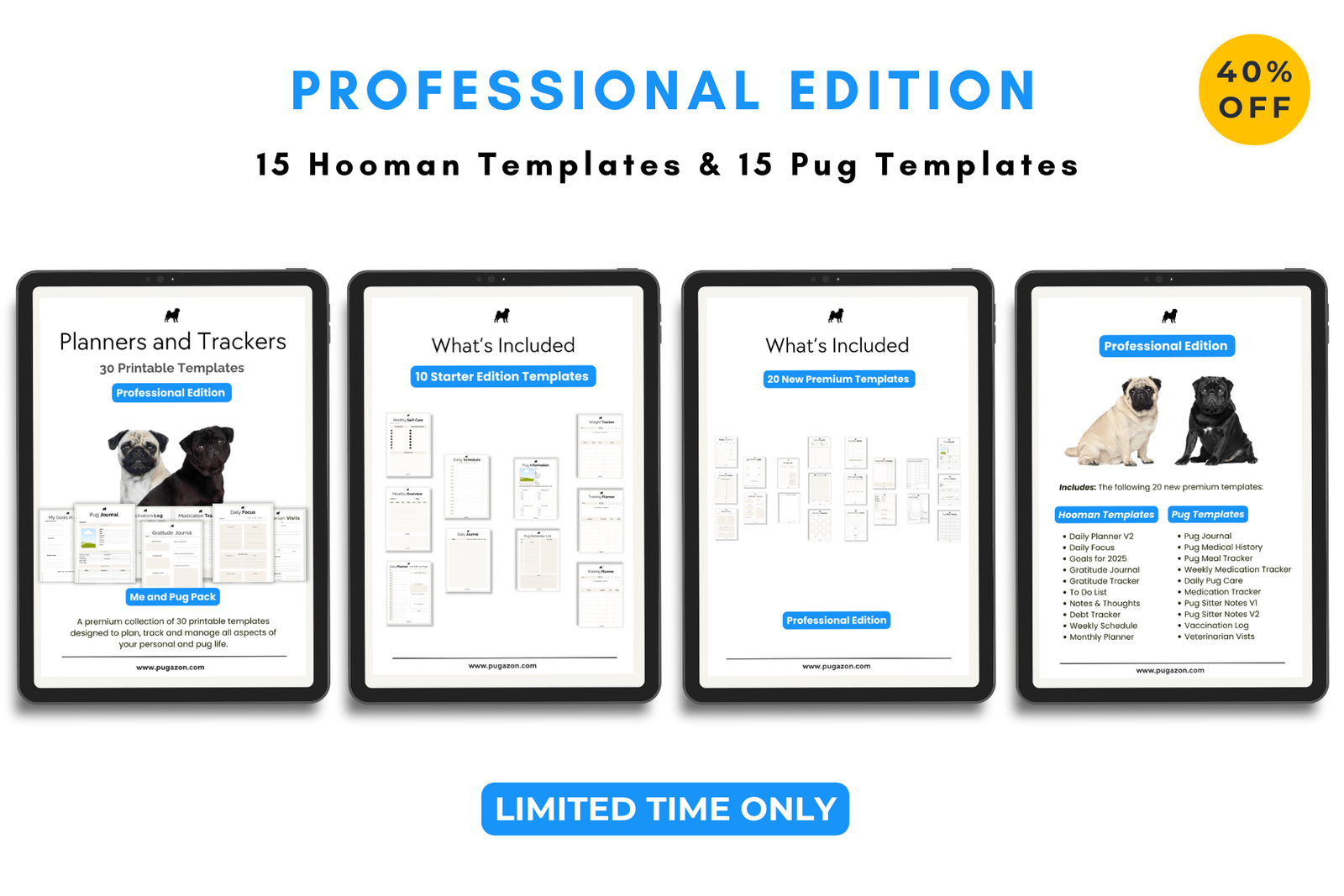 PROFESSIONAL EDITION PERSONAL AND PUG PRINTABLE PLANNER AND TRACKER TEMPLATES FOR ORGANISATION