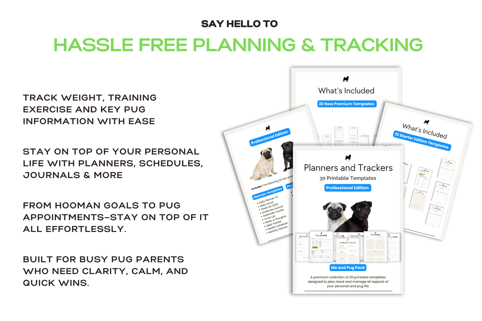 how the professional edition pug planners and trackers help pug parents organise their dogs and personal lives with printable pdf planner and tracker templates