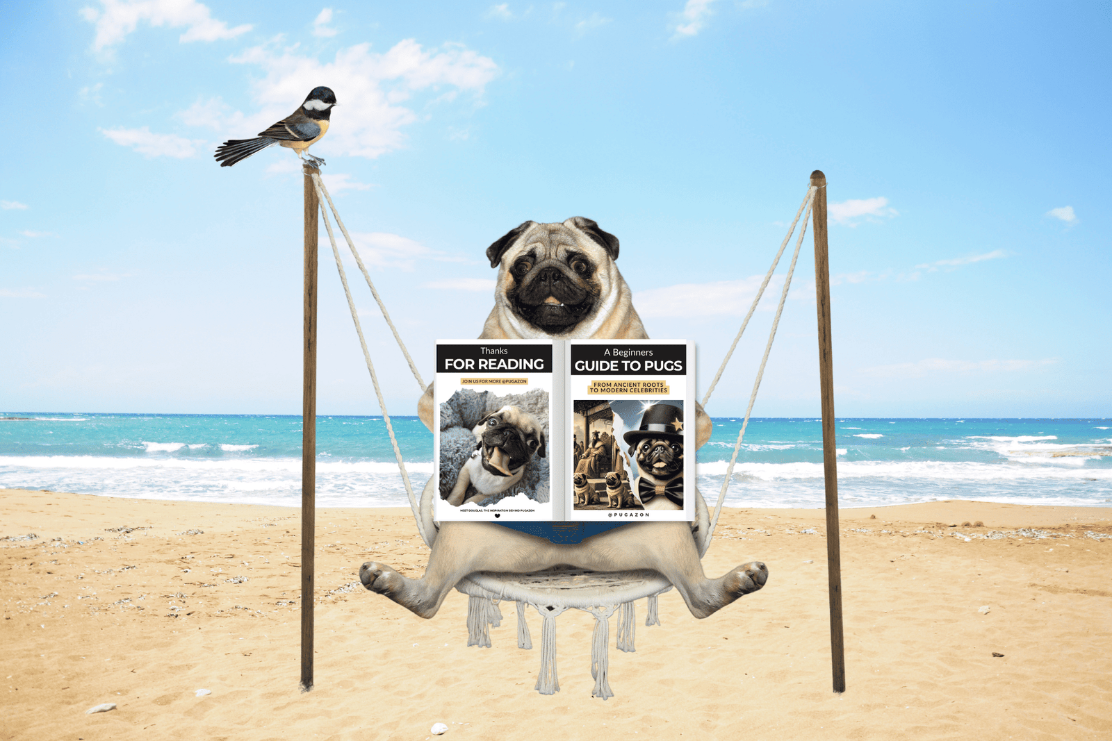 pug reading a book on pugs whilst sitting on a beach