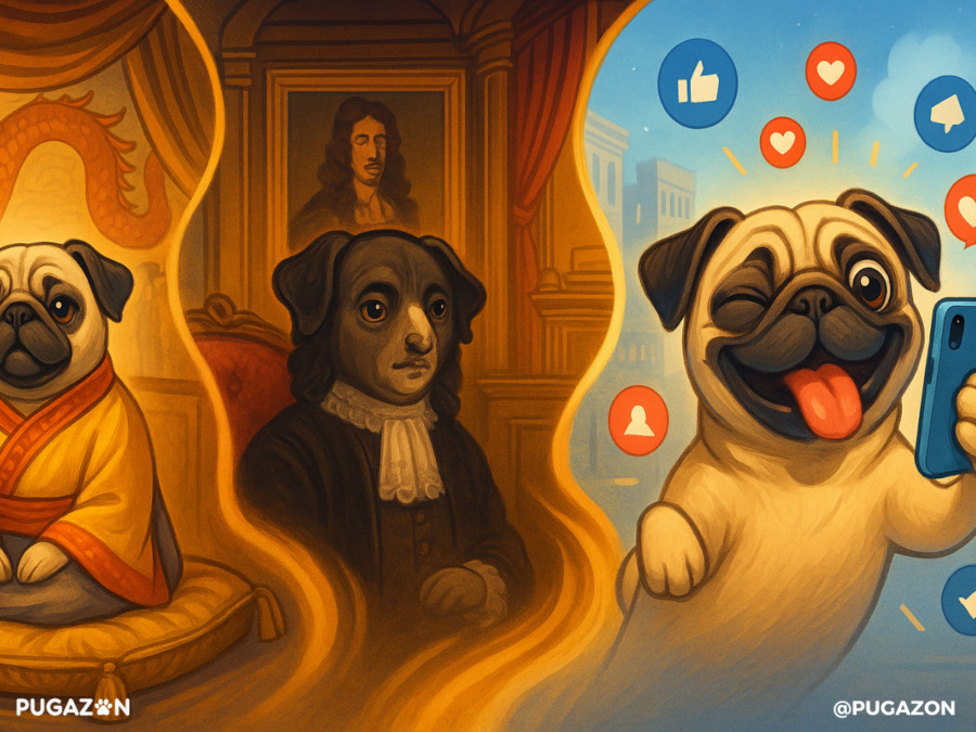 An epic panoramic image showing a timeline evolution of the pug—starting from ancient China (imperial palace setting) on the left, traveling through European royal courts in the middle, and ending in the modern age with a pug taking a selfie surrounded by likes and comments. Each “era” is visualized like a comic book panel, with transitions showing the pug morphing through time. High energy, cinematic and whimsical showing the bhistory of pugs across time.