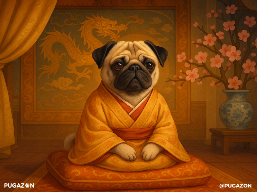 A pug in traditional Han Dynasty robes, sitting serenely on an embroidered cushion in an ornate palace chamber. Background features dragons, cherry blossoms, and silk drapery. Expression is regal and wise. Lighting is soft and sacred, evoking a temple atmosphere in the history of pugs