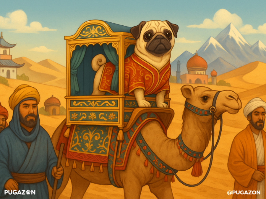 A caravan scene showing a pug riding in a bejeweled crate on a camel, flanked by traders along the Silk Road. Background includes mountains, sand dunes, and Eastern/Western blend of architecture (e.g., Chinese and Persian domes). Include small items like scrolls, gold, or spices to indicate trade in the history of pugs
