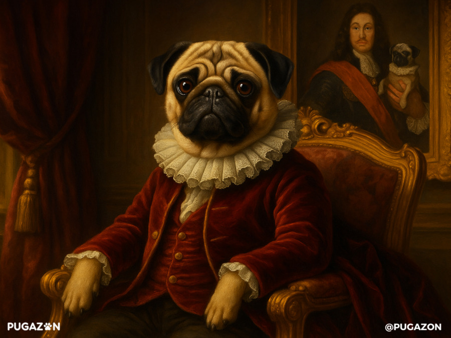 A noble-looking pug seated in an 18th-century Dutch parlor, wearing a lace collar and looking proud. Next to a painting of William of Orange with a pug. Use soft lighting and golden hues to mimic oil painting style. Luxurious textures—velvet, lace, mahogany. in the history of pugs