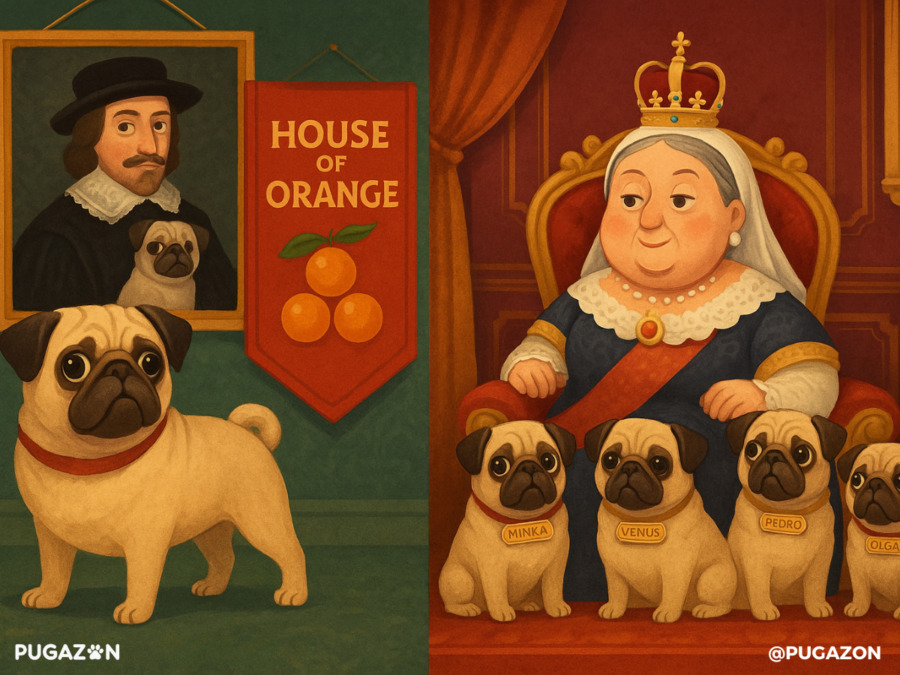 Split-scene: Left side features William of Orange’s pug with a House of Orange banner. Right side shows Queen Victoria seated on a throne with five pugs at her feet (Minka, Fatima, Venus, Pedro, Olga), each with small collars engraved. Background features Buckingham Palace-style decor. Style is whimsical but detailed—like a royal family portrait in the history of pugs