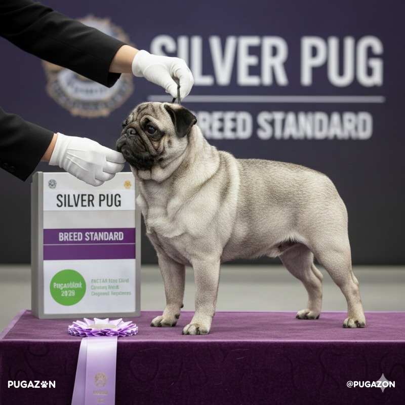 silver pug dog at an award show winning due to it's beautiful coat and pedigree