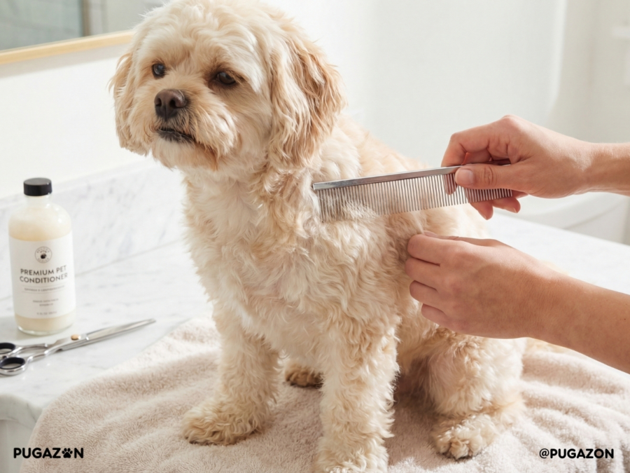 a white pug and poodle mixture (pugapoo) getting brushed and groomed to look after its coat