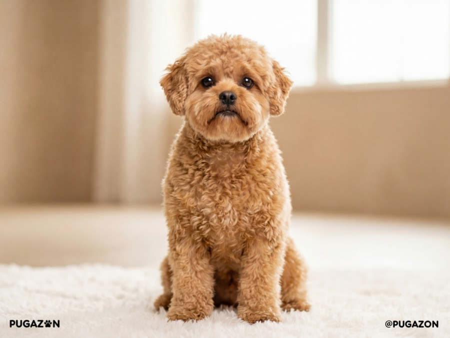 brown pugapoo mix breed dog betweena poodle and a pug sitting on the carpet looking at the camera