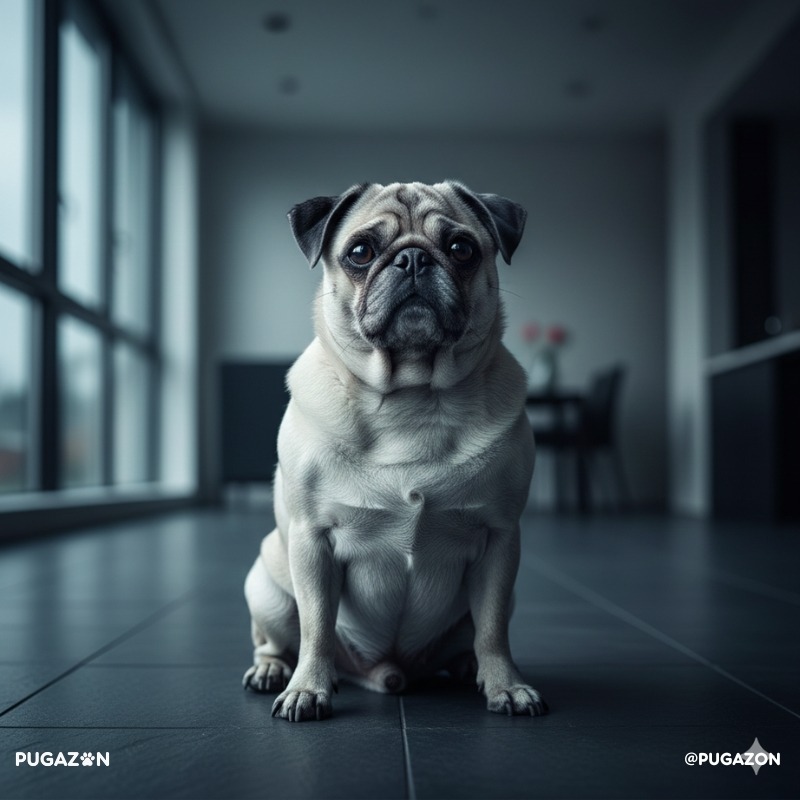 silver pug sitting down staring at the camera with a light coloured coat