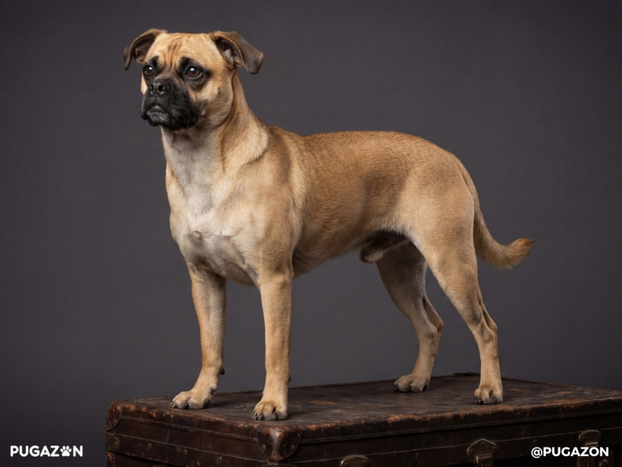 a brown pug and jack russell mix breed dog standing up facing sideways looking straight in front. glossy coat with a dark grey background.