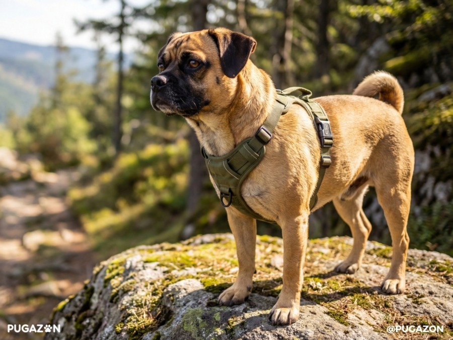 a jud god (pug and jack russell mix) out in the wilderness standing on the edge of a cliff with a harness and staring out into the scenery