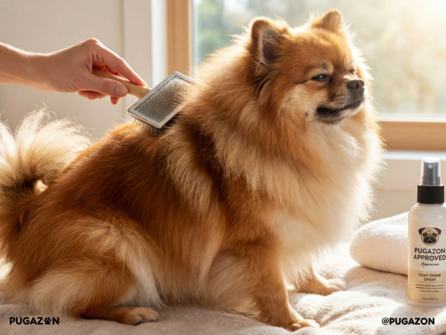 a foxy and organe pom a pug dog sitting with a fluffy coat getting groomeed and brushed