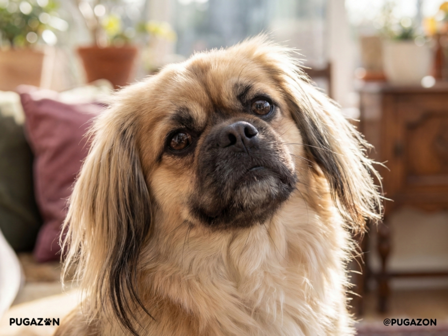 PUGINESE DOG WITH FLUFFY COAT SITTING DOWN AND STARING UP AT THE CAMERA