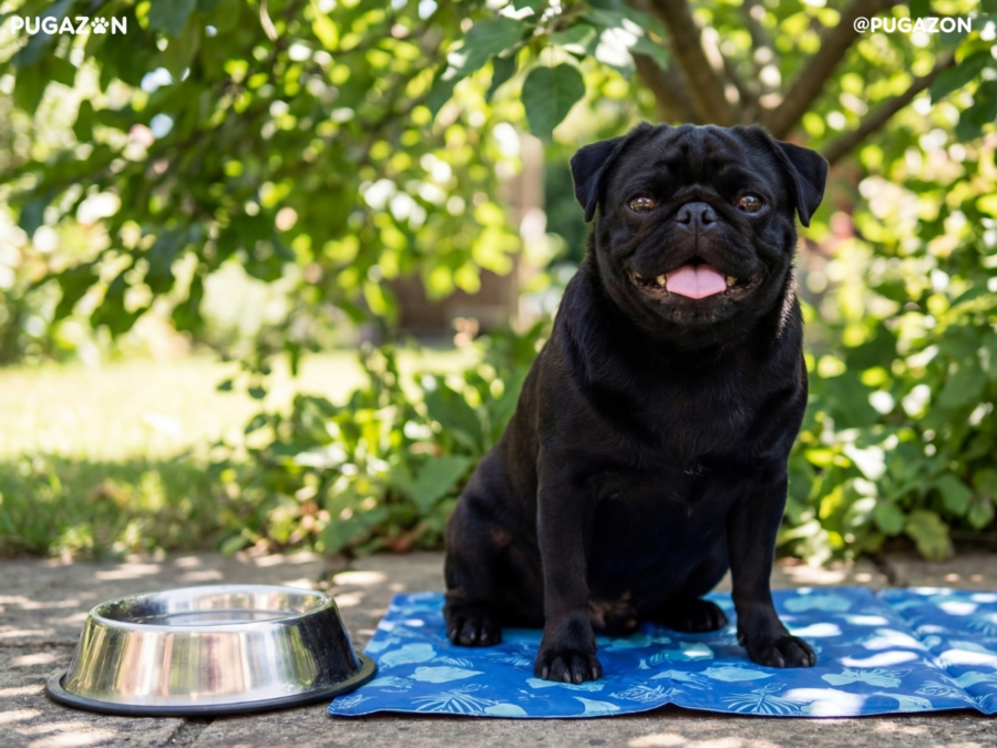 black pug sitting out doors smiling with trees in the background and a water bowl along side it