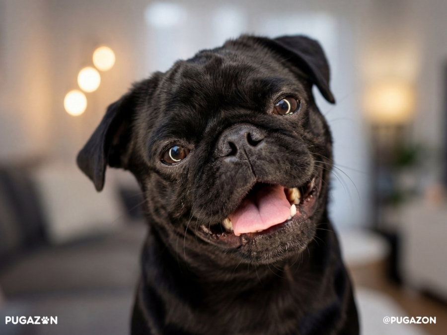 black pug smiling and happy whilst looking at the camera with it's mouth open