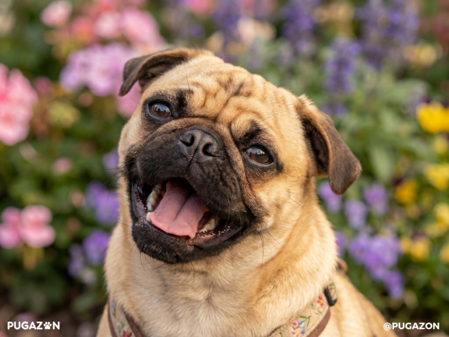 fawn pug looking up at the camera with its mouth open happy and smiling