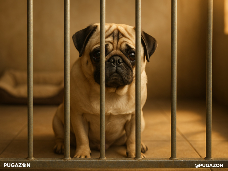 a fawn pug in a rescue shelter behind bars waiting to be rescued by new owners