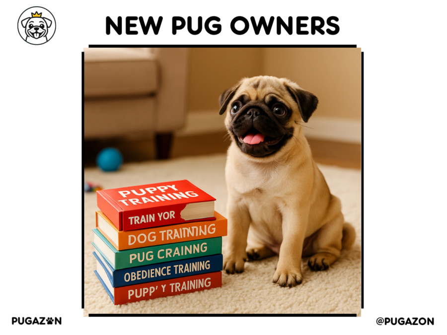 Curious pug sitting beside a stack of colorful books.