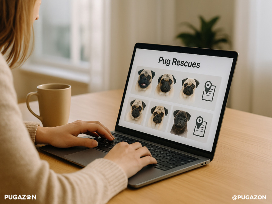 a woman at a cpmputer desk searching online for reputable pug rescue services