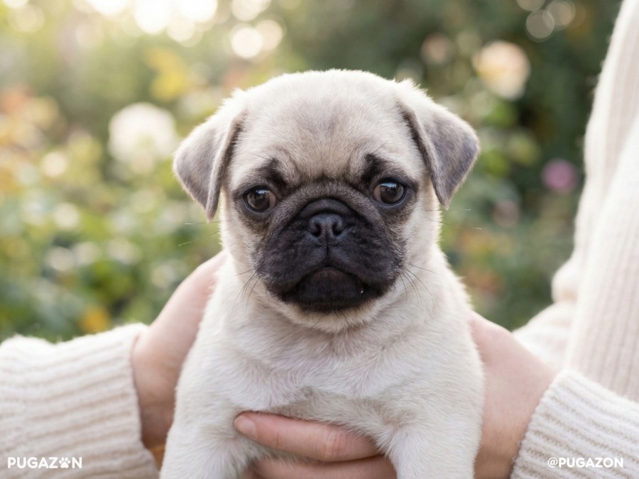 silver pug puppy being adopted by humans