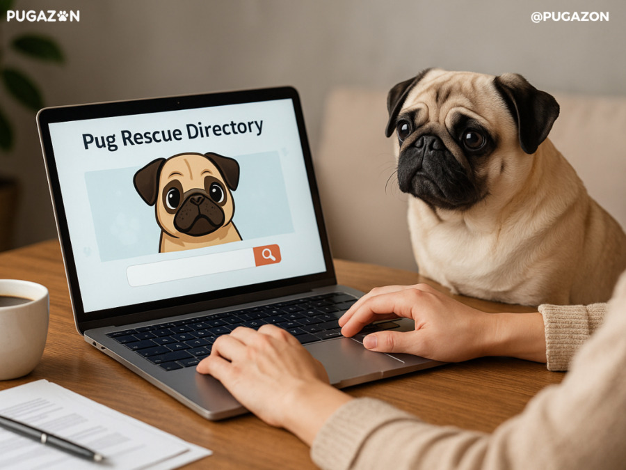 a pug sitting at a desk watching a human searching a pug rescue ​directory online