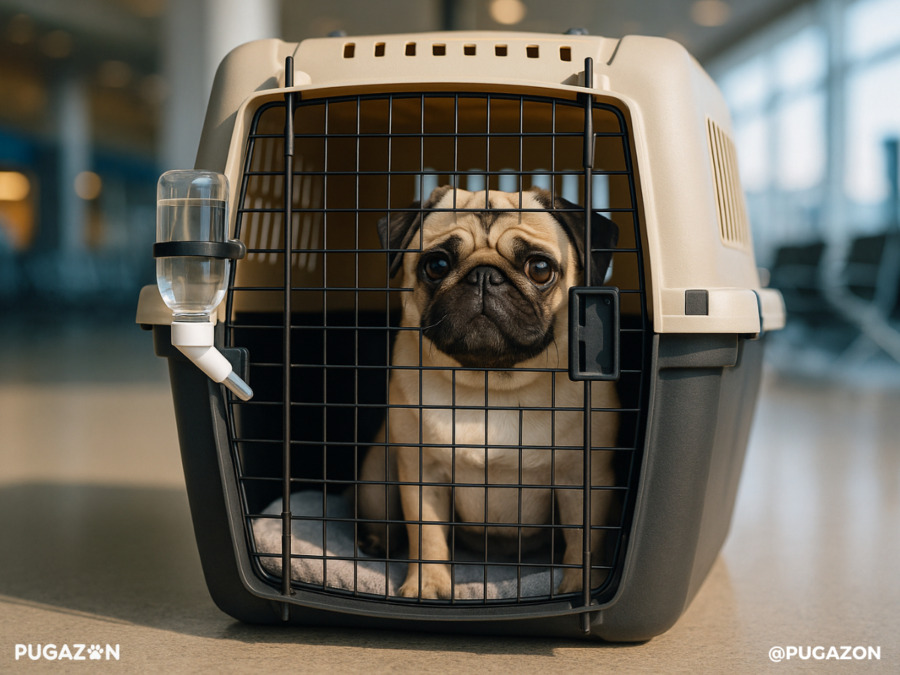 a pug in a cage safely being transported to their new home.