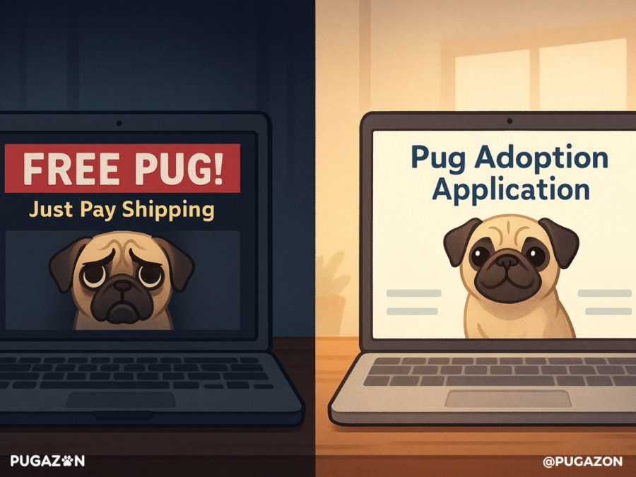 a split screen image showing how to spot rescue scame for pugs and another screen showing the pug adoption process application