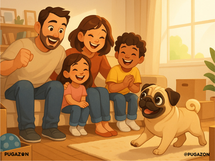 a graphic image of a happy family after rescuing a pug and welcoming it into their home.