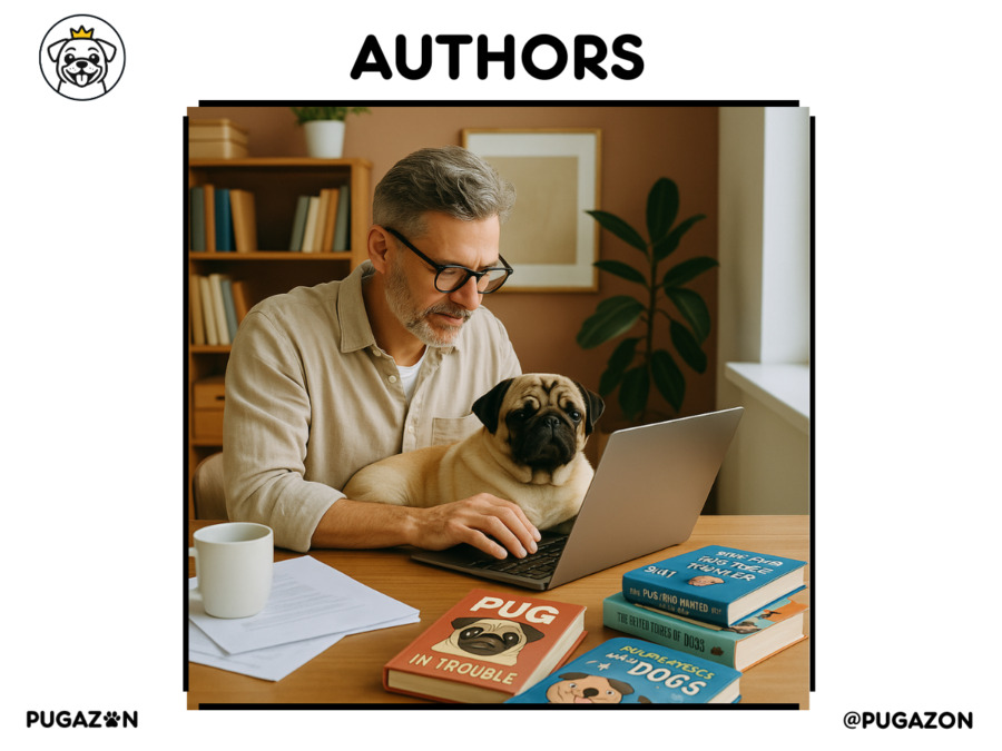 Man with glasses sitting with a pug on his lap, using a laptop in a cozy setting.