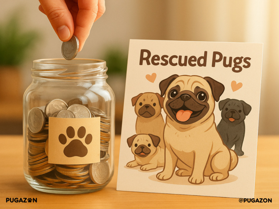 an image of a rescued pugs card along with a jar with money showing people how they can donate and provide charity services for rescued pugs