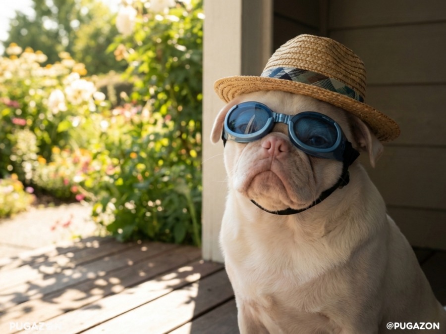 an albino pug pug sitting in some shade with a hat and some ggoeles on which showcases it's funny personality