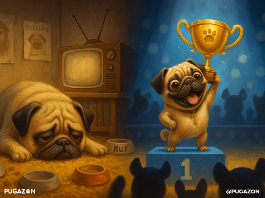 A vintage 1950s-style living room with a tired-looking pug sleeping on a shag carpet, surrounded by empty food bowls and fading pug posters. In the background, a "revival" scene shows a modern pug winning a trophy at a dog show (spotlighted on a podium). Includes contrast in color grading (sepia for decline, full-color for revival) in the history of pugs.