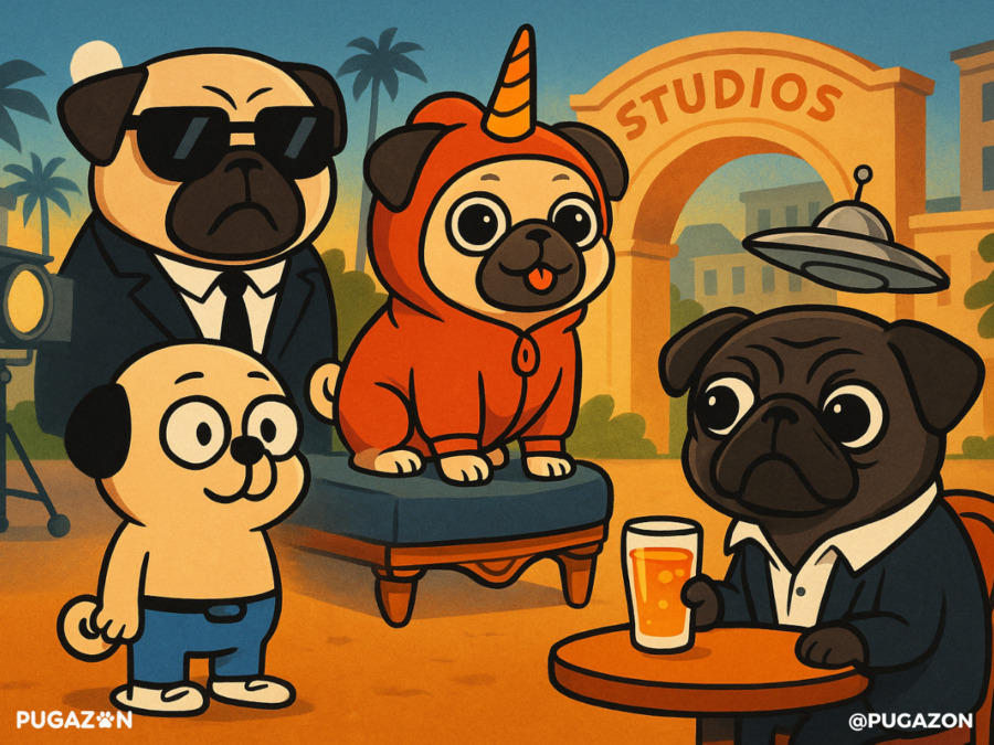 A fun collage-style image featuring stylized pug characters from iconic movies (Men in Black, The Secret Life of Pets), comics, and vintage cartoon strips. Each pug looks it's the star character with designs like alien suits for men in black. Background resembles a movie studio lot showcasing the evolution in the history of pugs