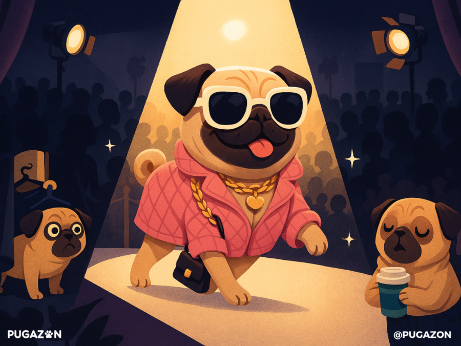 A pug walking the runway at a Paris fashion show, dressed in a miniature designer outfit with a spotlight on it. Crowd includes fashionable silhouettes and camera flashes. Add tiny humorous details: a pug stylist in the wings, another pug influencer holding a latte backstage in the hisotry and evolution of pugs